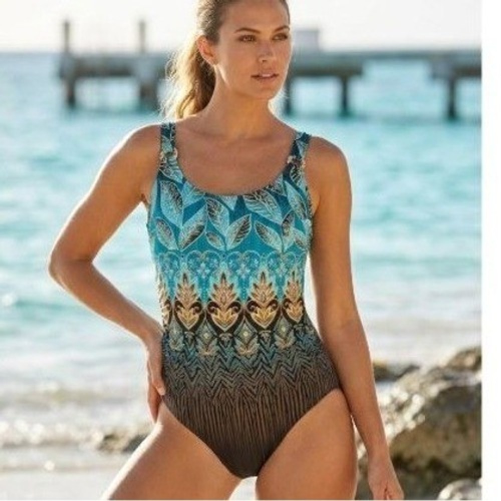 Christina Womens One Piece Swimsuit Teal Brown Medallion Print Size 16D‎ Bra Sz
